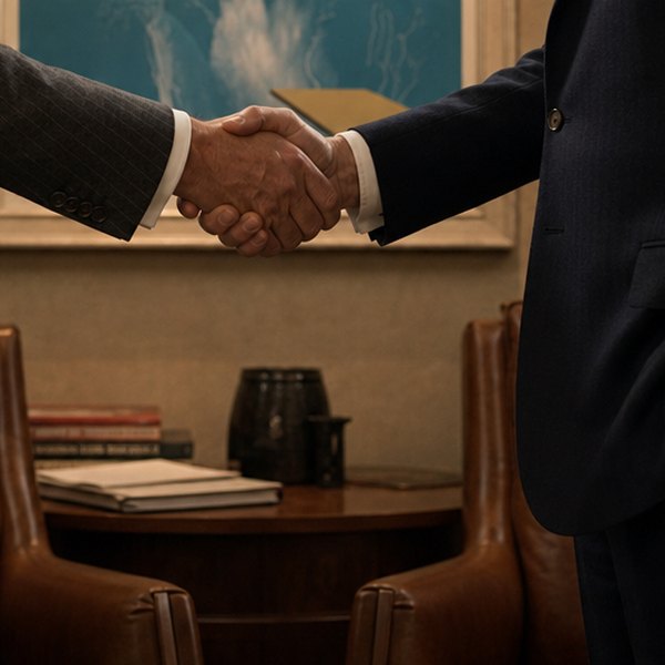 British art dealers conducting business with handshake — detail