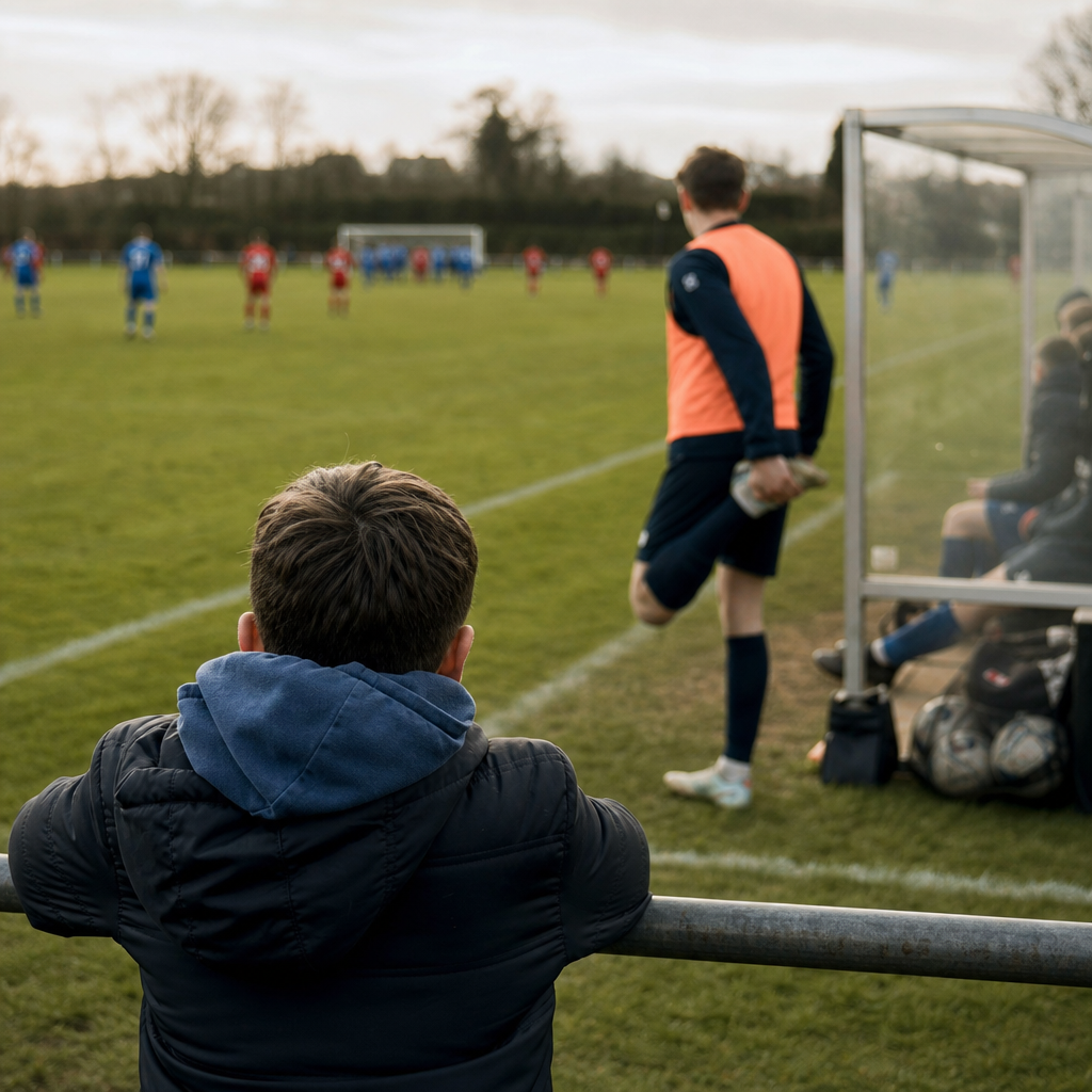 Child looking backward on soccer field