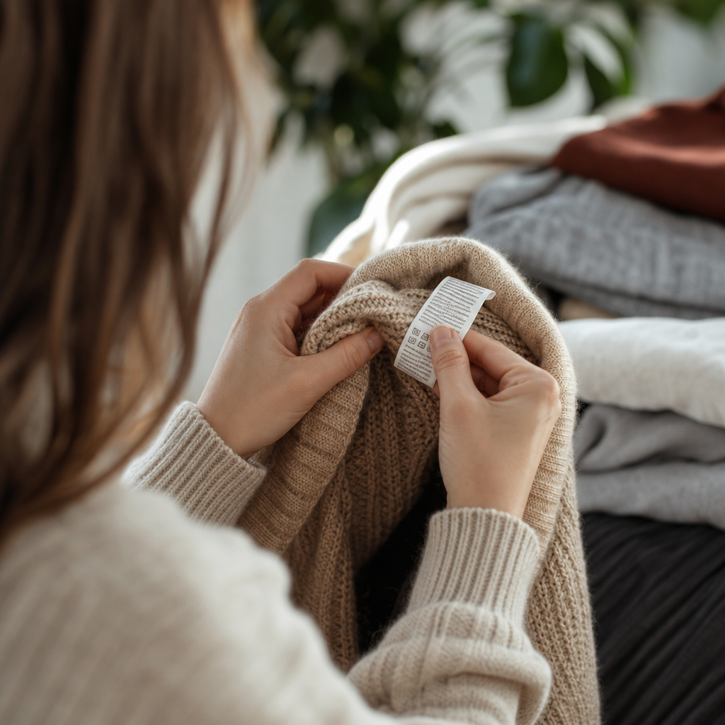Person reading clothing label critically