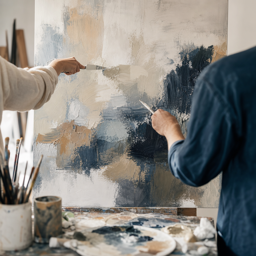 Collaborative artists working together on painting