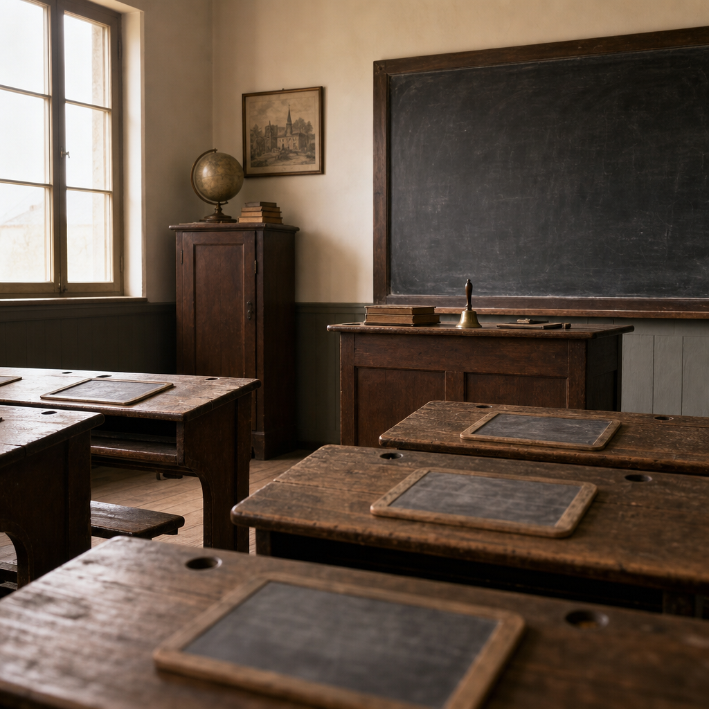 Historic Prussian classroom interior with period furniture