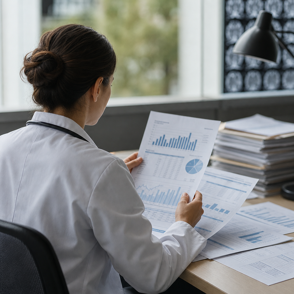 Radiologist examining financial documents