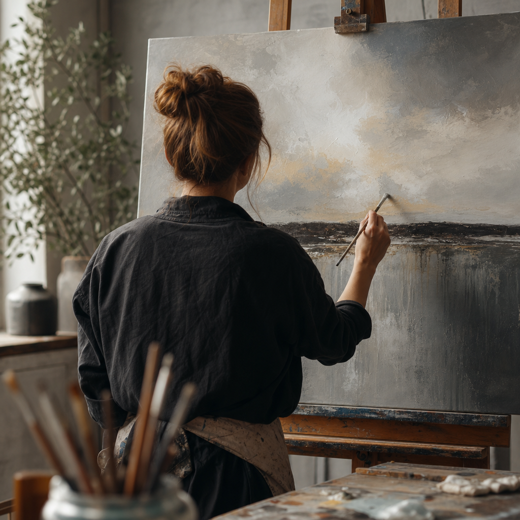 Artist applying final brushstrokes to canvas